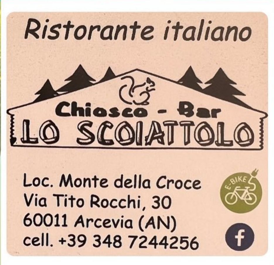 Logo and contact information for "Lo Scoiattolo" restaurant and bar in Arcevia, Italy.