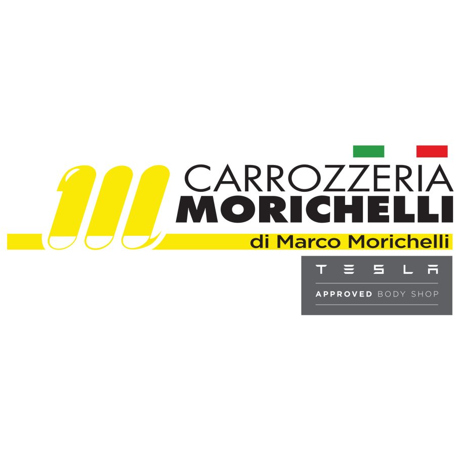 Logo di Carrozzeria Morichelli, approvato Tesla, con colori italiani in alto.